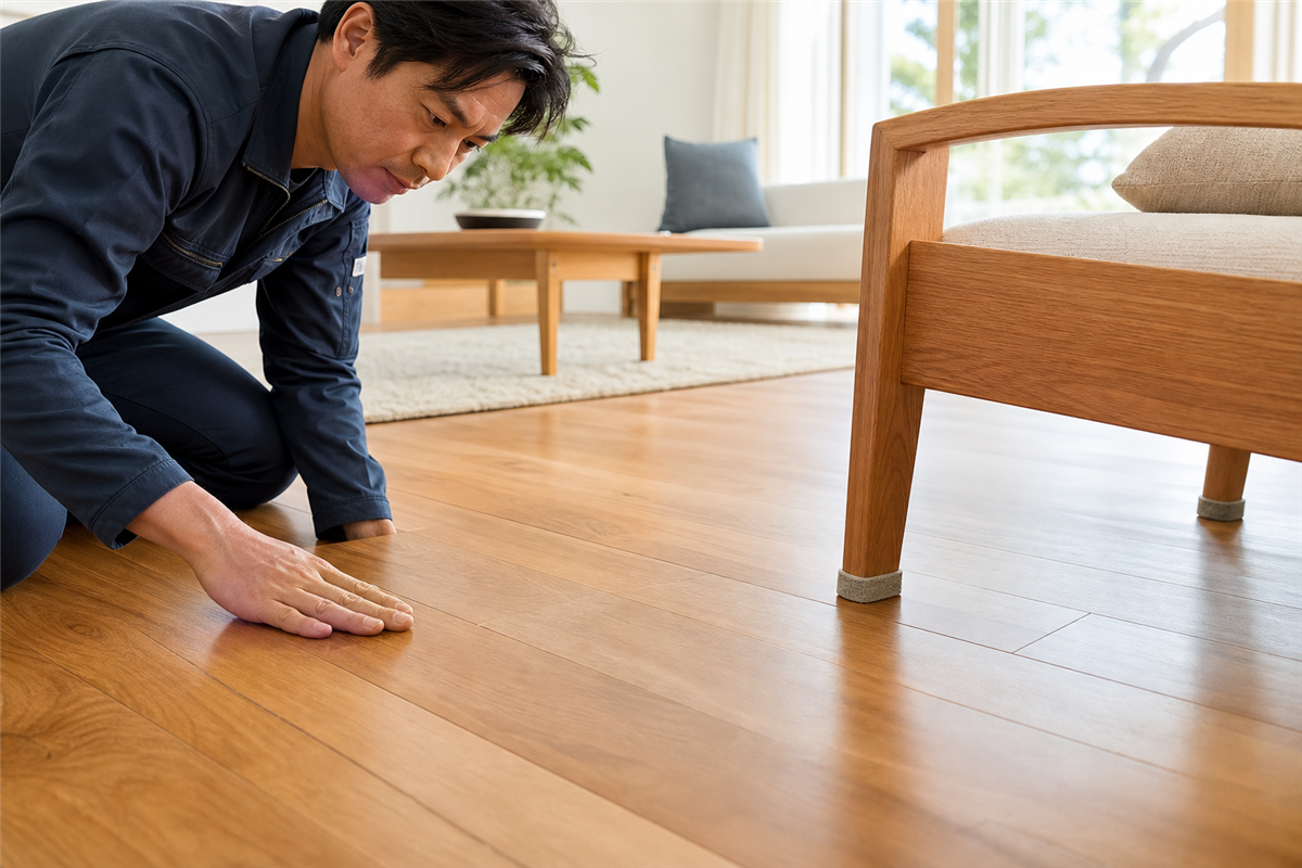 補修後のフローリングの仕上がりと家具脚の保護を確認する様子