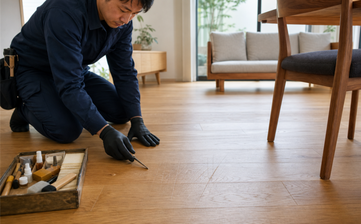 室内のフローリングの擦り傷とへこみを職人が確認する様子