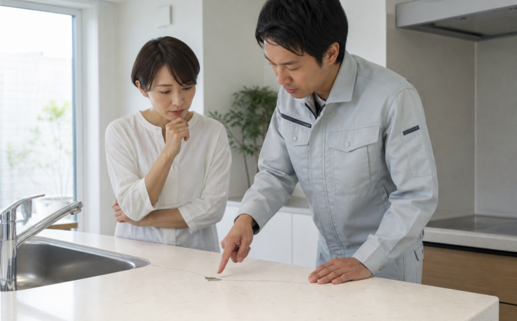 人工大理石キッチンカウンターの欠け・ひびは補修できる？材質と範囲の判断