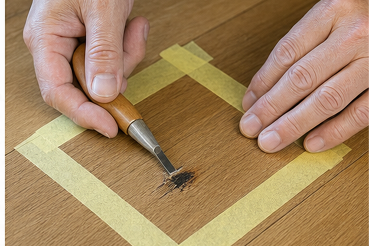 焦げた表面を周囲へ傷を広げずに整える作業