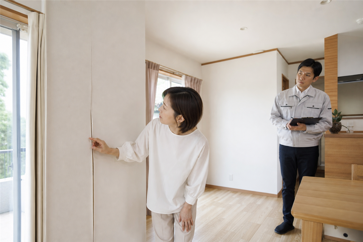 壁紙の継ぎ目が開いてきた。貼り直す前に下地の動きを見る