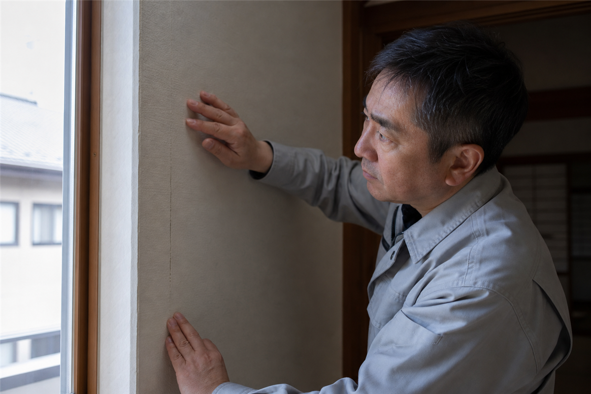 窓際の壁紙の継ぎ目と周囲の段差を手で確かめる補修職人