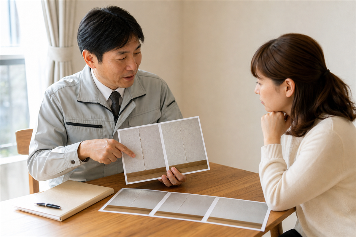 壁紙の継ぎ目の補修範囲を写真で説明する補修職人