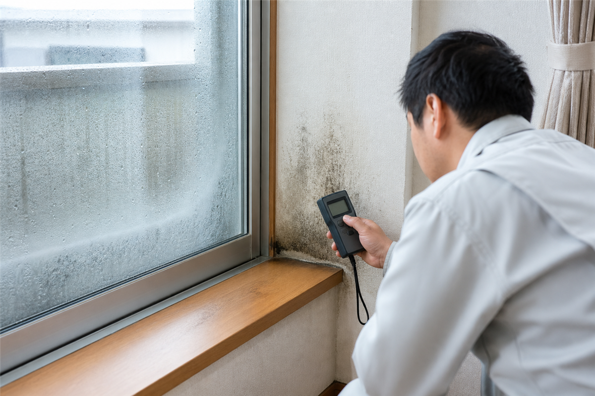 窓枠の含水状態を確認する様子
