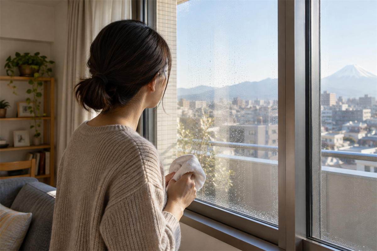 複層ガラスの室内側を拭いても残る水滴を観察する窓辺