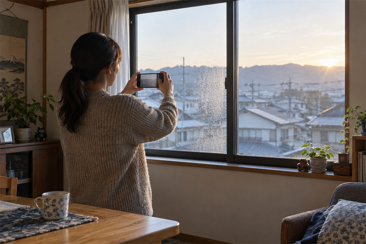 朝の窓に残る水滴と発生時刻をスマートフォンで記録する様子