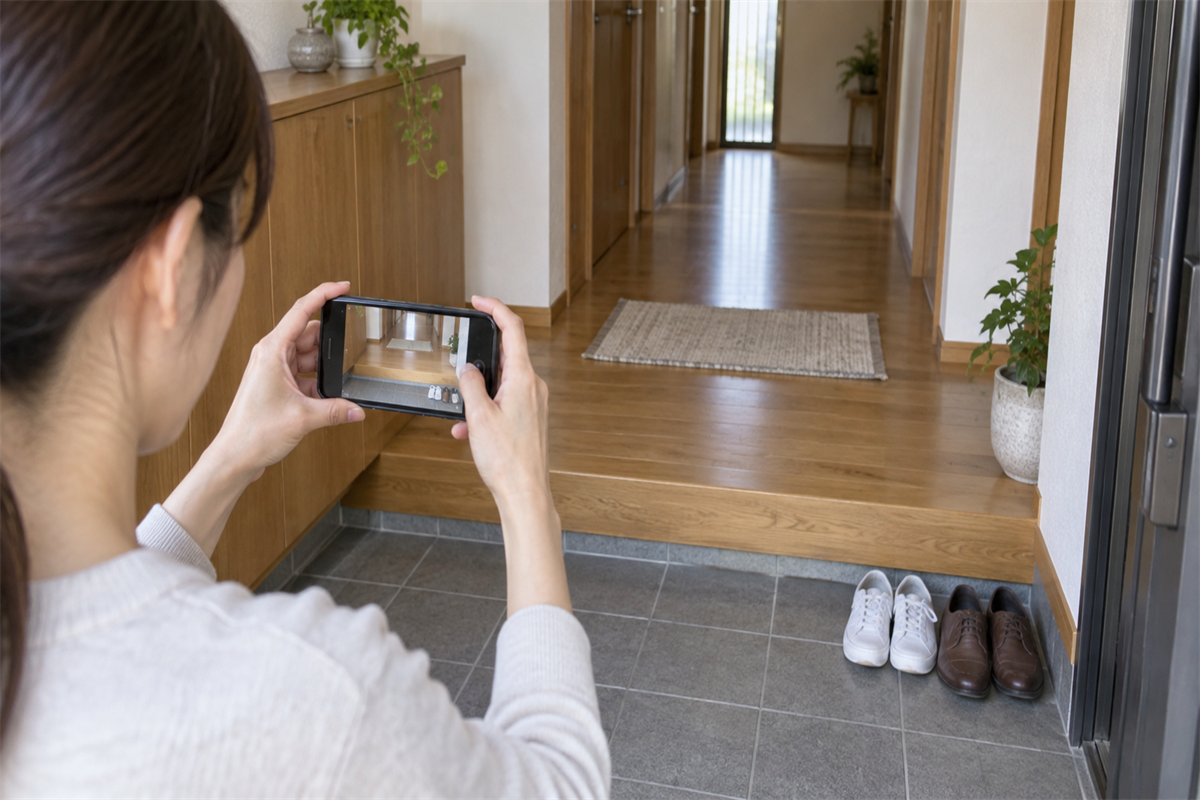 玄関全景と上がり框をスマートフォンで撮影する様子