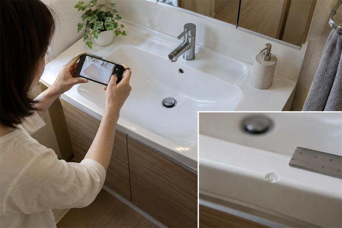 洗面ボウルの全景と欠けの接写をスマートフォンで撮影する様子