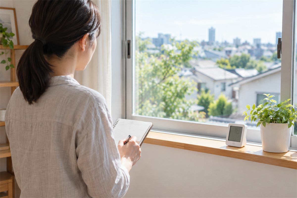 窓辺で結露の発生時刻と室温・湿度を記録する様子