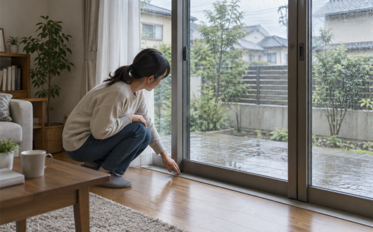 雨の後の窓サッシ下枠を室内から確認する様子