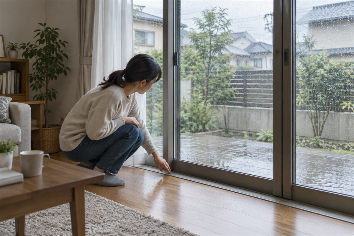 雨の後の窓サッシ下枠を室内から確認する様子
