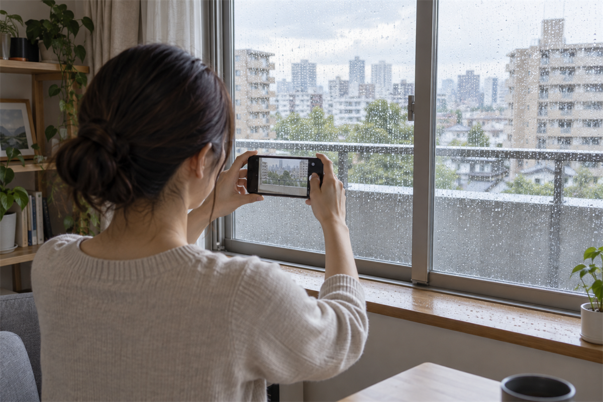 窓全景と下枠の状態をスマートフォンで記録する様子