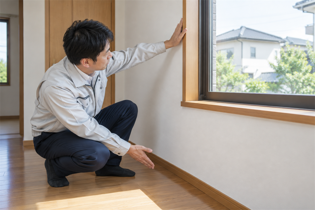 窓枠から壁と床へ続く周囲を確認する様子