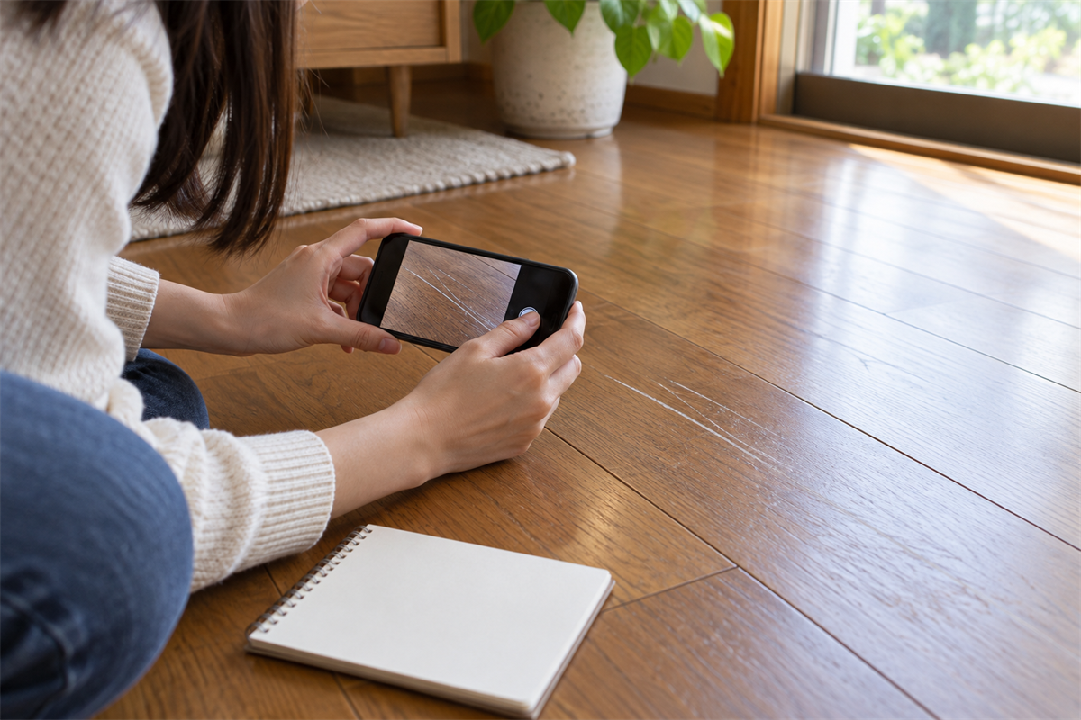 部分補修の相談用にフローリングの線傷を撮影する様子