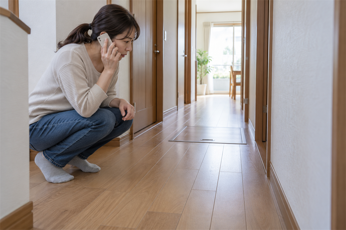 沈む床を避けて現況を電話で相談する住人