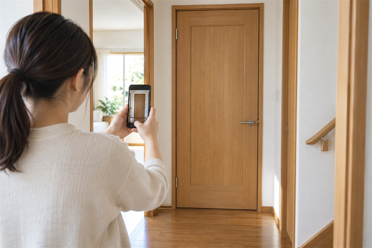 室内ドア全体をスマートフォンで撮影する様子