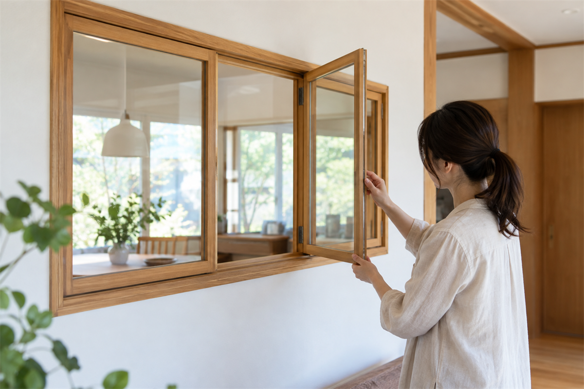 木製窓枠との接触や引っ掛かりを確かめながら室内窓を動かす様子