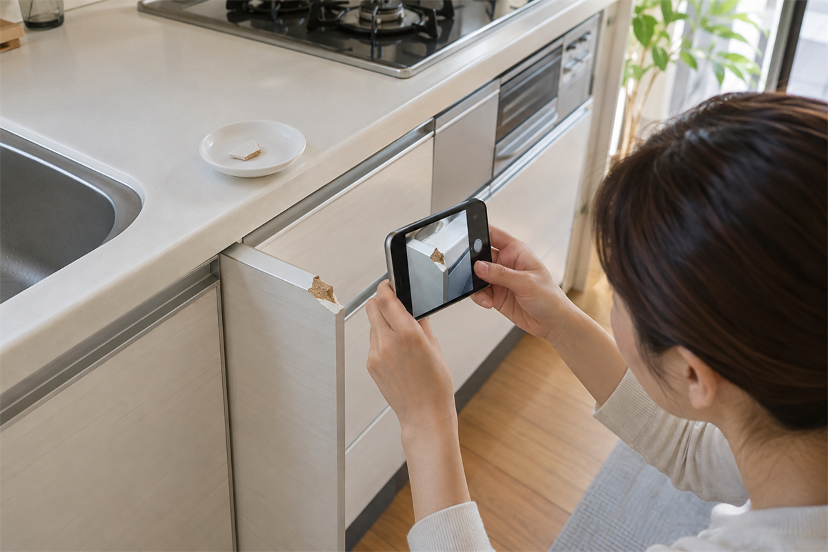 キッチン収納扉の角欠けをスマートフォンで撮影する様子