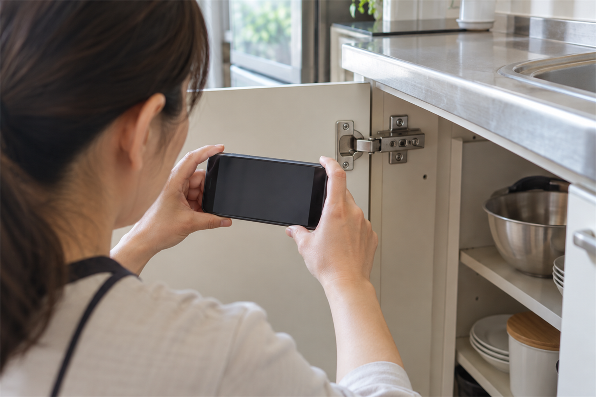 キッチン収納扉の丁番をスマートフォンで撮影する様子