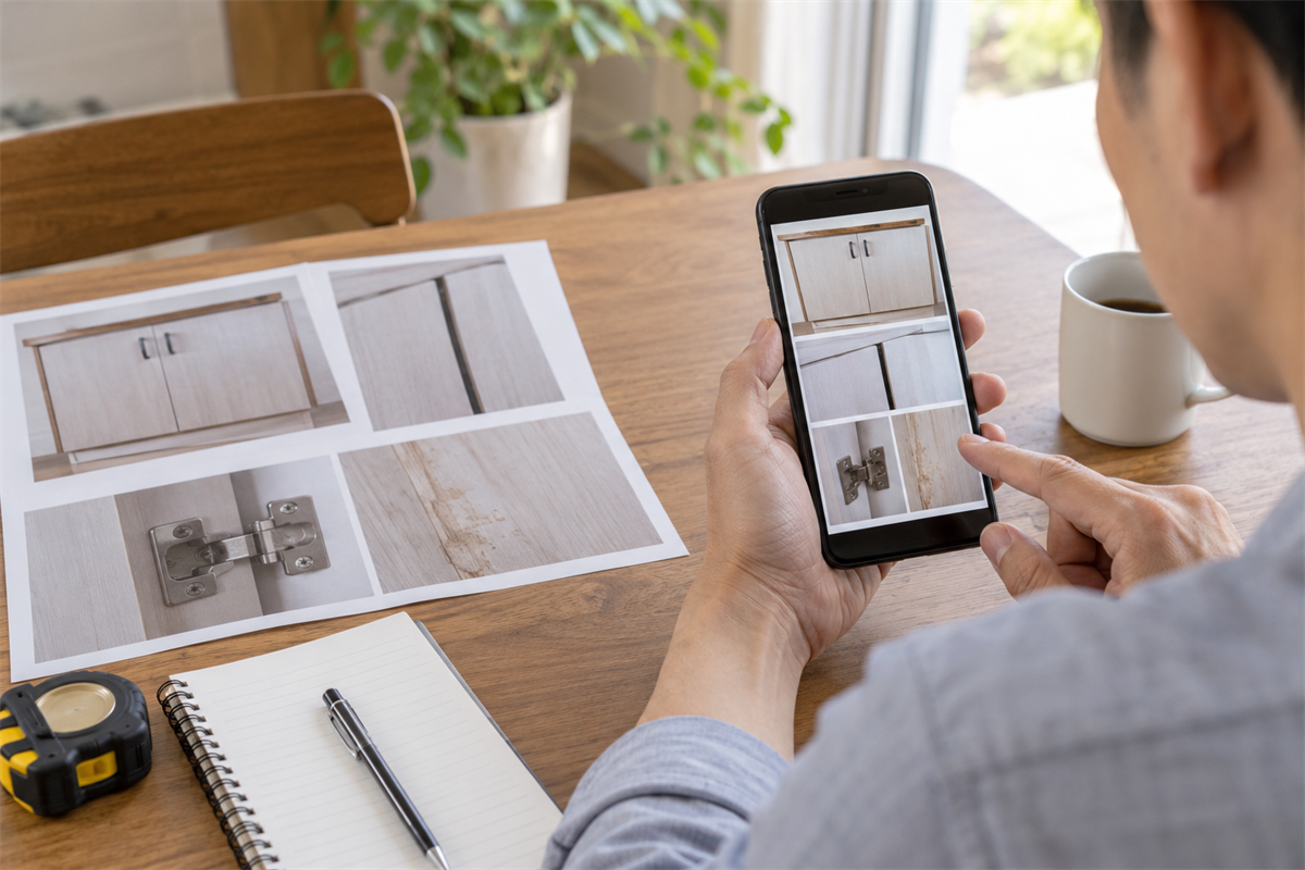 収納扉の写真を見ながら補修相談の内容を整理する様子