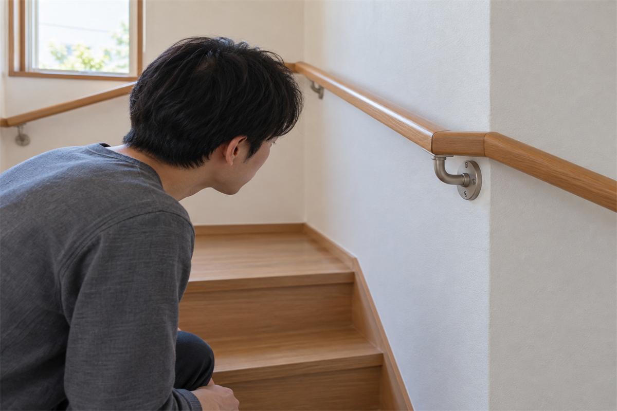 木製手すりと壁付け固定金具の境目を確認する様子