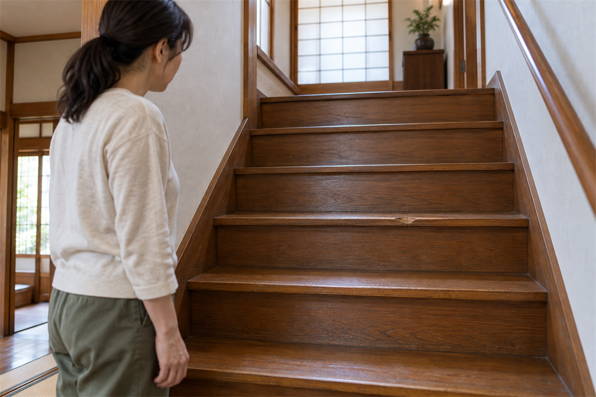 安定した床から木製階段の傷んだ段を確認する様子