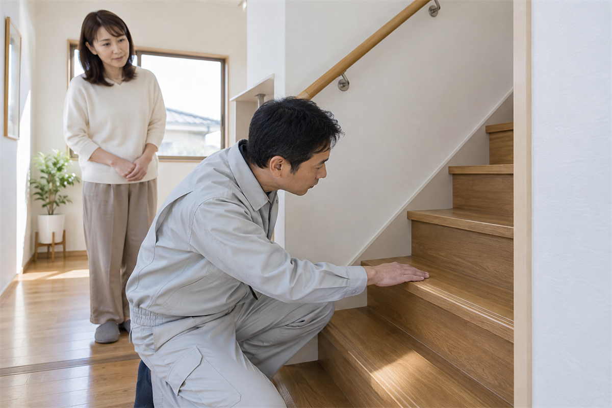 木製階段の踏板と段鼻を横から目視確認する補修担当者