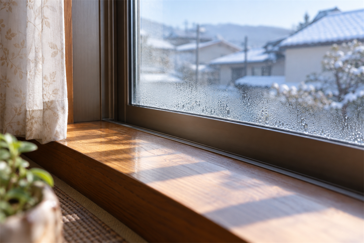 結露のある窓と自然光が当たる木製窓台
