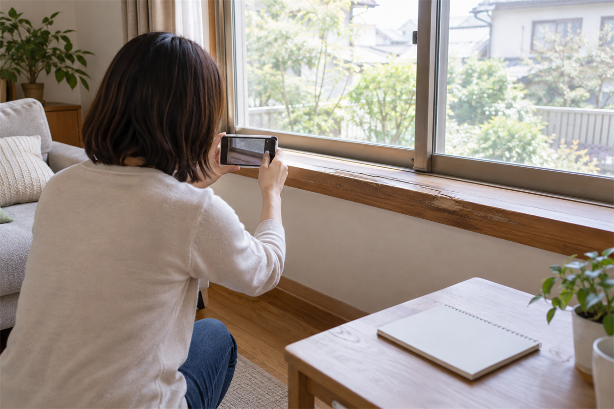 木製窓台の傷みをスマートフォンで撮影する様子
