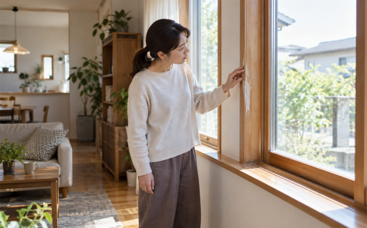 塗膜が剥がれた木製窓枠を室内から確認する様子