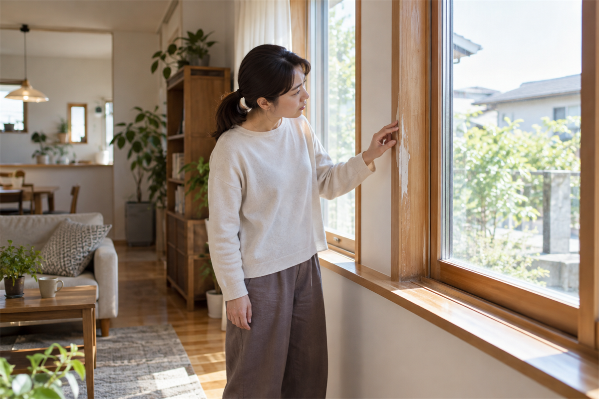 塗膜が剥がれた木製窓枠を室内から確認する様子