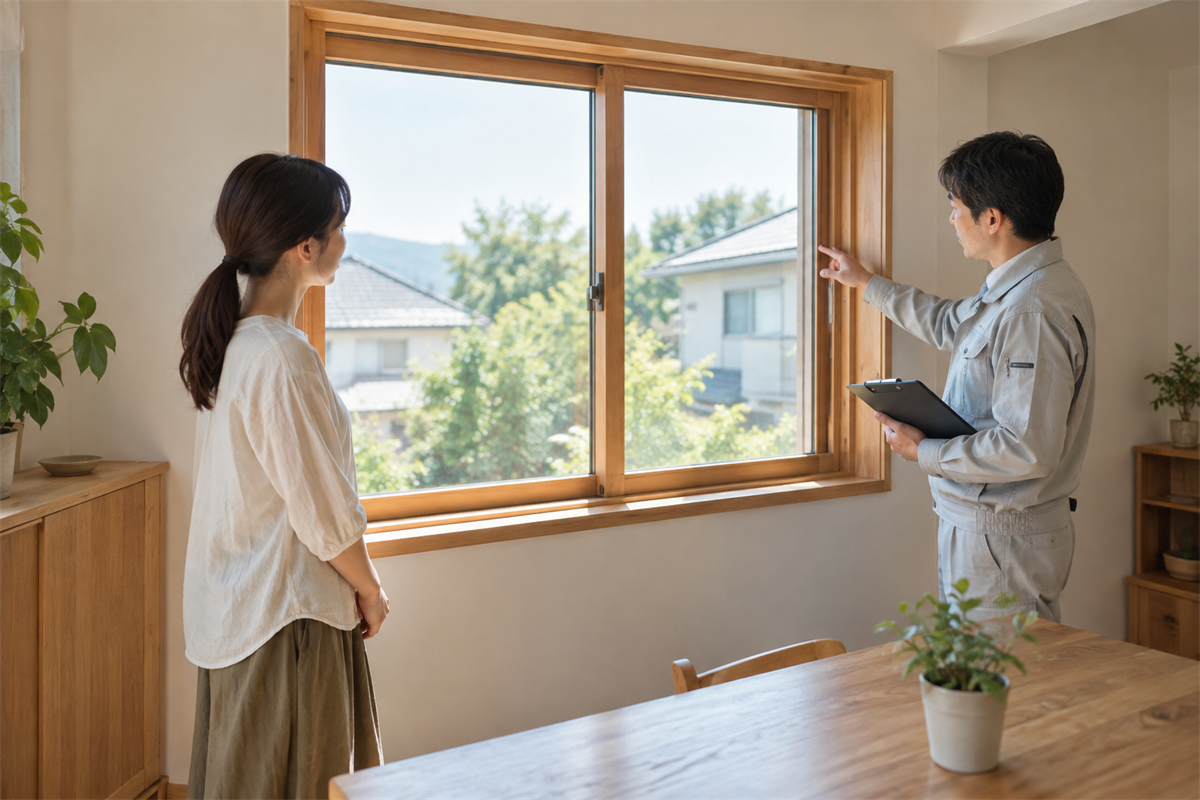 木製窓枠の状態を住人と補修担当者が確認する様子